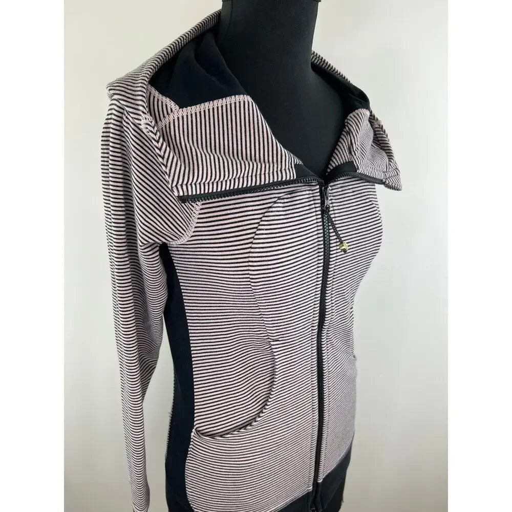 Lululemon Run Go The Distance Pink Black Stripe Front Zip LS Scuba Hoodie 6 S M
